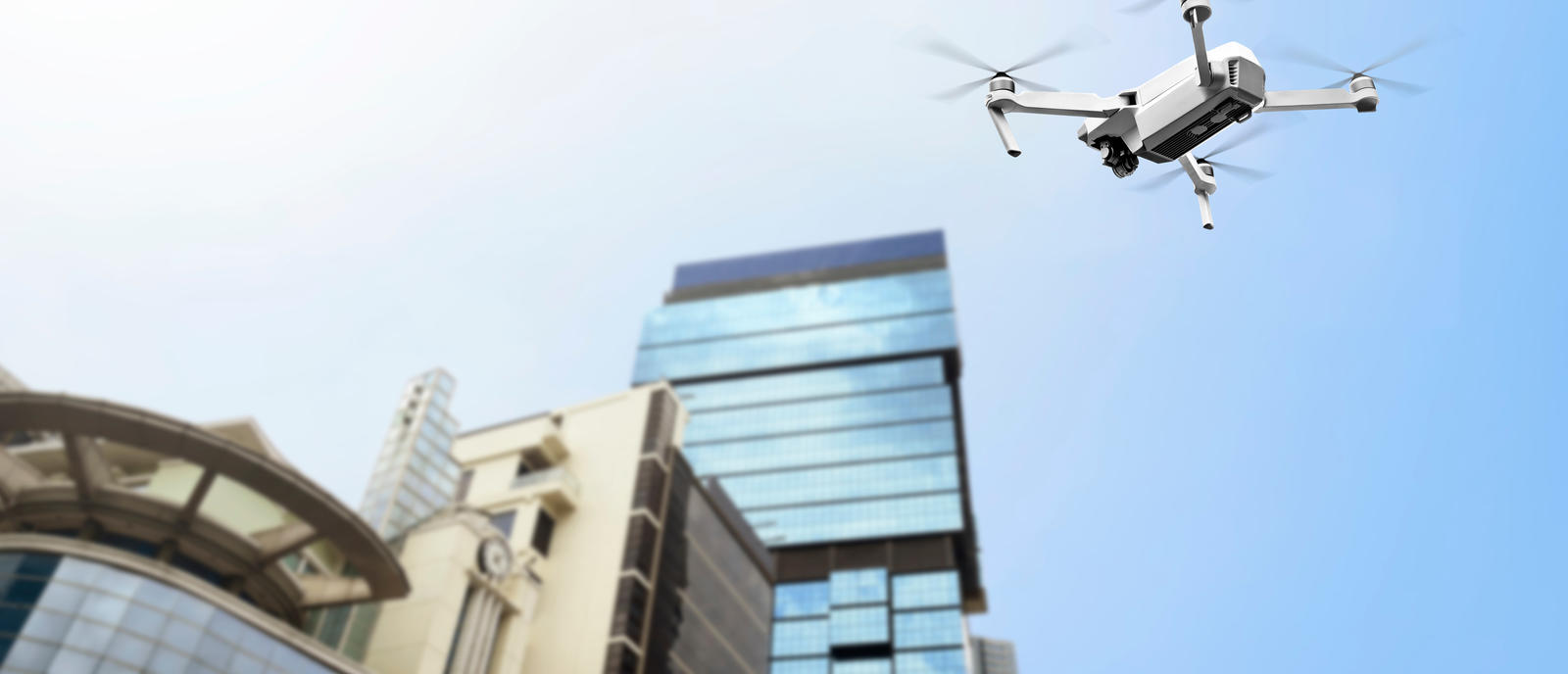 drone flying over city